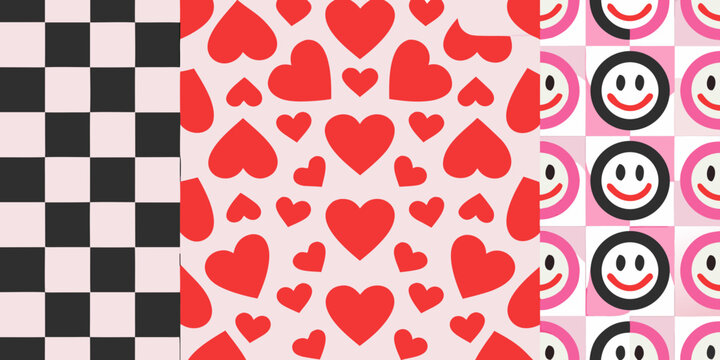 Repeating patterns of hearts checkerboard and smiley faces vector illustration