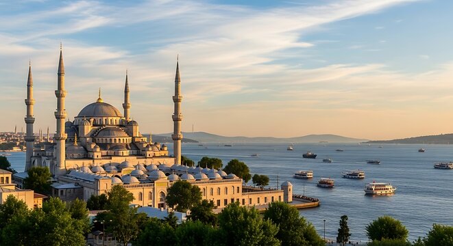 Stunning Sunset Over Istanbul Sultan Ahmed Mosque and Bosphorus.