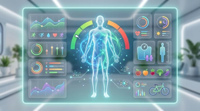 Health monitoring system digital health infographic modern clinic interactive view technology and wellness