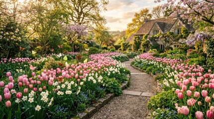Obraz premium A picturesque cottage sits nestled within a vibrant, flower-filled garden.