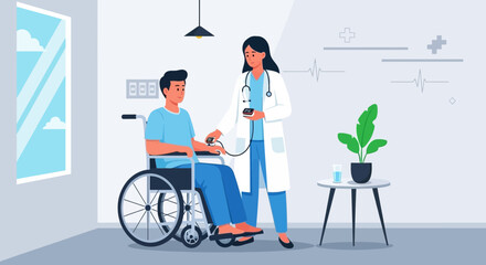 Fototapeta premium Medical Checkup Of A Patient In A Wheelchair Undergoing Blood Pressure Test