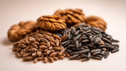 Fototapeta premium Assorted dry grains and seeds for healthy cooking pile with nutrition, ingredients