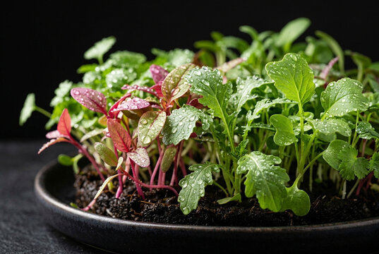 Fresh green and red microgreens growing in soil close up