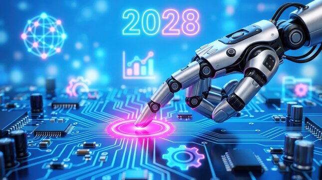 Artificial intelligence technology concept with a hand touching glowing digital icons on a blue screen