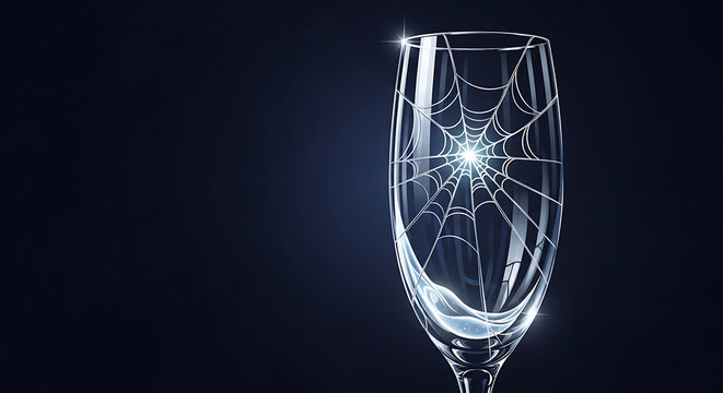 Elegant crystal champagne flute containing a delicate glowing spiderweb glowing under mysterious lighting. Dark minimalist background with high contrast reflections, realistic 3D digital rendering.