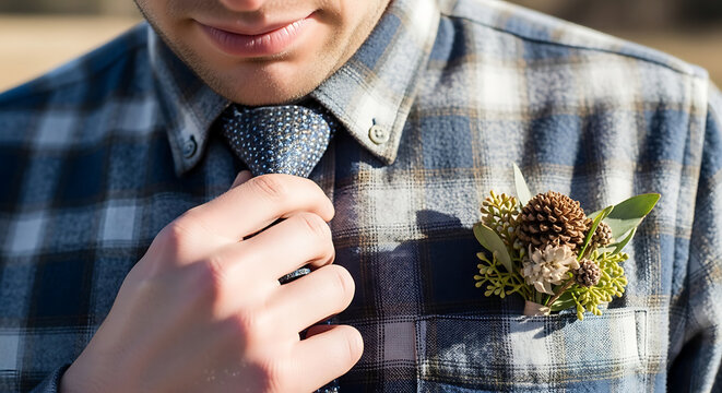Groom adjusting dark tie wearing blue plaid flannel shirt with rustic winter wedding boutonniere from small pinecone and green plants in pocket, crisp natural daylight close up portrait photography.