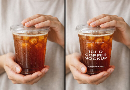 Hands Holding Plastic Iced Coffee Cup Mockup