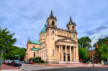 Fototapeta premium Cathedral of the Sacred Heart in Richmond, Virginia, United States. Viewed from Monroe Park, it features twin bell towers and a large green copper dome
