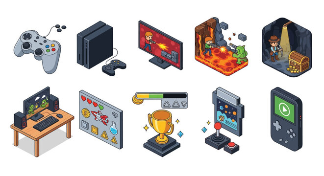 Modern video game setup with console controller computer and screen showing gameplay elements and gaming accessories for entertainment.