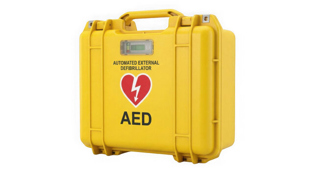 Yellow Automated External Defibrillator Aed On White Background