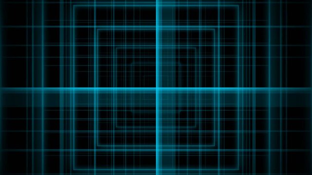 Abstract geometric perspective grid pattern with glowing neon turquoise lines receding into infinity on a dark void representing digital space and future technology concepts