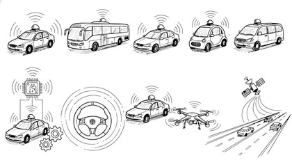 Fototapeta premium Autonomous vehicle icons set showing self driving car technology sensor systems drone communication satellite connection and smart transport research development.
