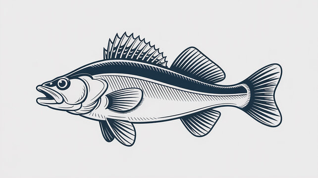 A detailed line art illustration of a walleye fish in navy blue and white colors