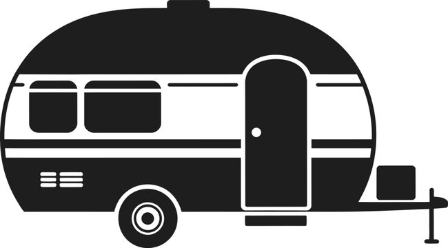 Black and white illustration of vintage style camper van with open door and small step