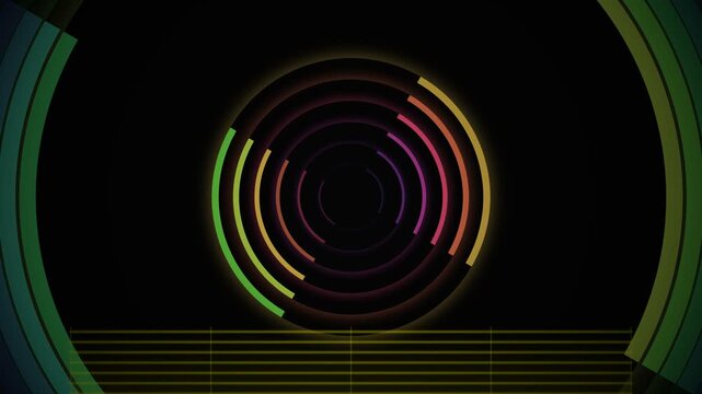 Abstract circular design with vibrant colorful segments and concentric rings on a dark backdrop featuring futuristic glowing accents and geometric line elements creating a sense of motion and