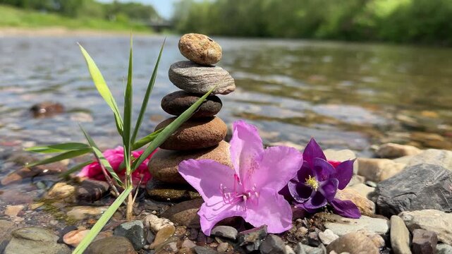 Stacked stones near calm river with reeds and flower symbolizing harmony 4k
