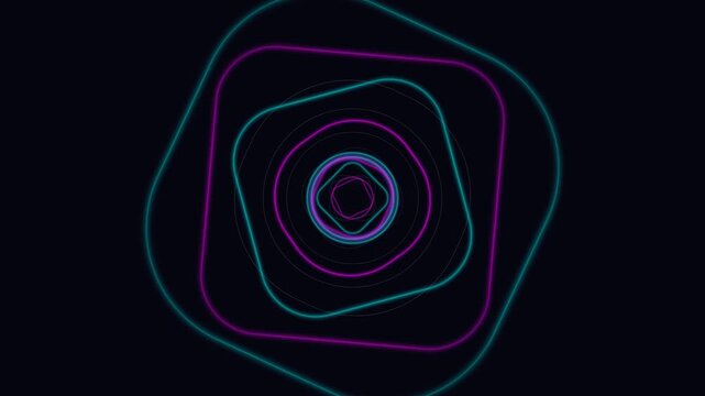 Abstract geometric tunnel of luminous neon concentric shapes receding into darkness creating a sense of depth and futuristic motion with vibrant glowing lines on a dark backdrop ideal for