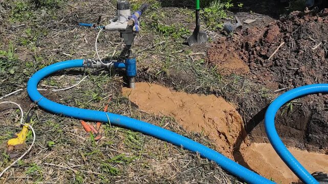 The video shows a water well drilling setup. A water pump system removes dirt from a hole in the ground. The kit includes a blue hose connected to the pump. A shovel is nearby. It's a sunny day.