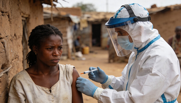 Medic in protective suit administering vaccine to African woman. Humanitarian medical aid in underprivileged village during epidemic. Global health crisis, relief effort and relief worker.