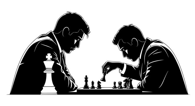 Chess players in silhouette, intense strategy and competition, black and white illustration