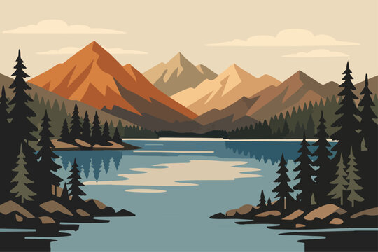 Mountain lake scene vector illustration forest landscape
