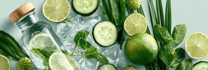 Obraz premium A clean bottle is placed among sliced cucumbers, limes, and mint. The scene highlights natural hydration with a minimal design