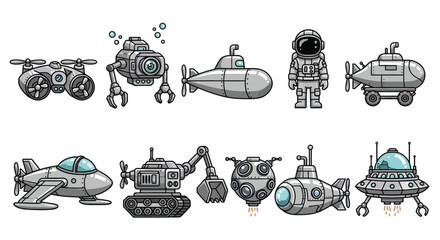Collection of cute cartoon vehicles and robots for futuristic or sci fi exploration and science fiction adventures and underwater journeys. © Shamim