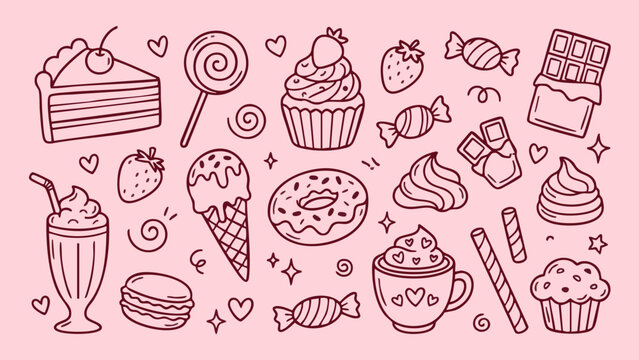 Dessert icons on pink background cake lollipop
