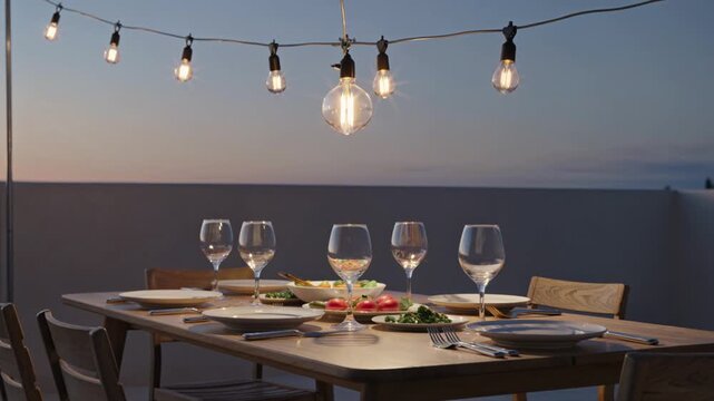 Festive dining table set with string lights illustrating an intimate evening gathering on a rooftop at dusk.