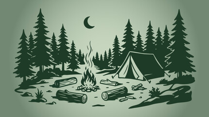 Campfire scene in forest silhouette tent moon © Abdul