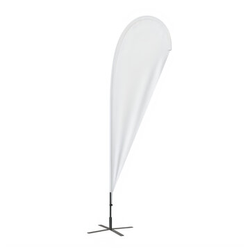 Blank white teardrop banner flag standing on a cross base for outdoor advertising display in a clean minimalist studio setting