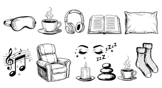 Cozy relaxation items for home comfort and self care including soft pillow headphones coffee book and eye mask.