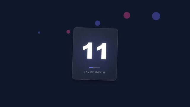 Digital interface displaying the number eleven inside a dark square with a subtle glow surrounded by floating illuminated spheres in shades of purple and blue creating an abstract futuristic