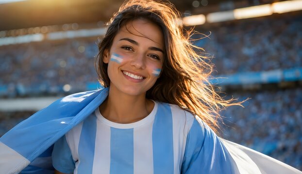 Smiling young Argentine woman football supporter in jersey and face paint at stadium during sunset