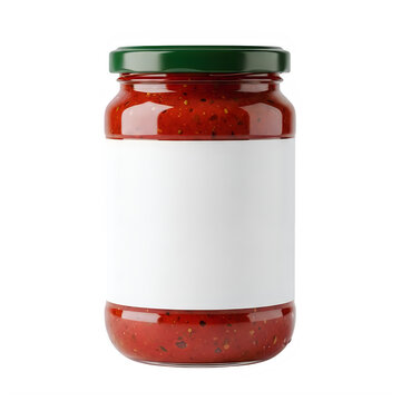 Glass jar of red tomato sauce with a blank white label isolated on a white background for food packaging design mockup