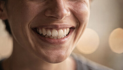 Fototapeta premium Close-up of a smiling woman showing white teeth and natural skin texture