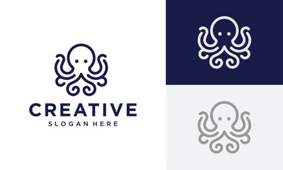Minimalist monoline octopus logo design with flowing tentacles. Stylish vector graphic for contemporary branding, marine businesses, or unique visual identity projects ©  Canella_std