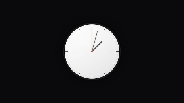 A round analog timepiece with a stark white face and slender dark markings displays the current hour and minute hands pointing towards early morning or late afternoon set against a deep dark