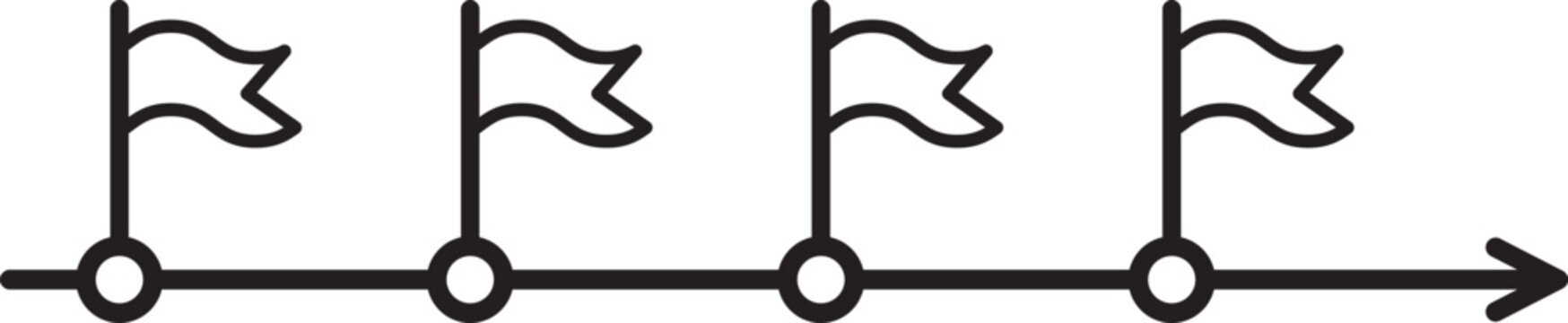 Project timeline roadmap and business milestone vector icon. Minimalist black line illustration of a chronological horizontal arrow with flag markers isolated on white background, editable stroke for 