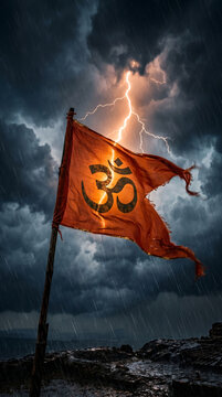 Sacred Orange Om Flag Standing Tall in Dark 
Lightning Storm, Sanatan Dharm Powerful 
Symbol Dramatic Cinematic Spiritual Art