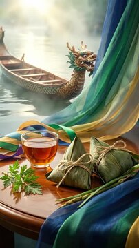 Dragon boat festival cultural celebration, featuring zongzi rice dumpling, warm tea drink, and colorful decorative fabric on a polished wooden surface with an ornate boat on calm water.