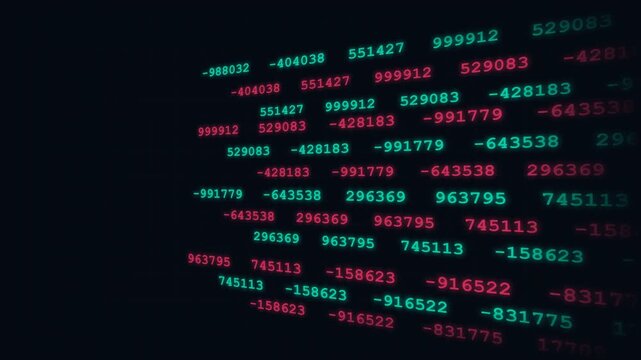 Digital data streams with glowing numbers and financial figures displaying market information in a technological concept visualizing abstract business analytics and trading metrics