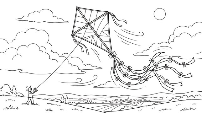 Young child flying a kite in the sky line art coloring page illustration recreation activity playtime coloring illustration monochrome aerodynamic adventure vacation