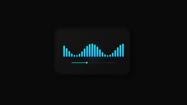 Digital audio waveform equalizer display showcasing sound volume levels in a dark environment with a progress bar for control and visualization of sound waves representing sonic frequencies and