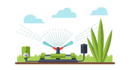 Naklejka premium Smart Garden Irrigation System Vector with Automatic Lawn Sprinkler and Water Control Technology