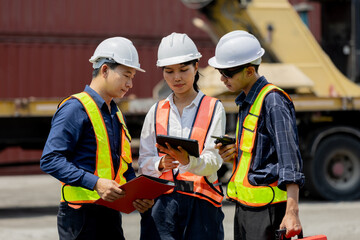 Fototapeta premium Three construction workers wearing safety helmets and reflective vests review documents and a tablet at a worksite with heavy machinery in the background.