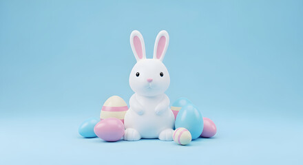 Obraz premium A white ceramic bunny surrounded by colorful easter eggs on a pastel blue background.