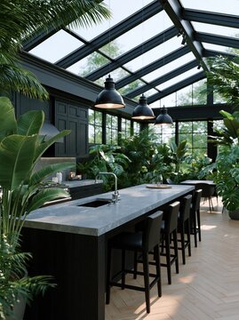 Exotic Greenhouse Kitchen: A modern kitchen integrated within a lush greenhouse sanctuary, featuring a sleek island, industrial pendant lights, and abundant tropical plants creating a vibrant.