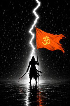 Silhouette of Hindu Warrior with Sacred Orange 
Om Flag in Rain and Lightning, Sanatan Dharm 
Dramatic Dark Spiritual Art
