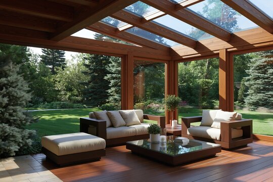 Wooden Terrace with a View: A contemporary wooden terrace featuring comfortable seating and a glass roof offers a panoramic view of a lush garden and trees, creating a serene outdoor living space.
